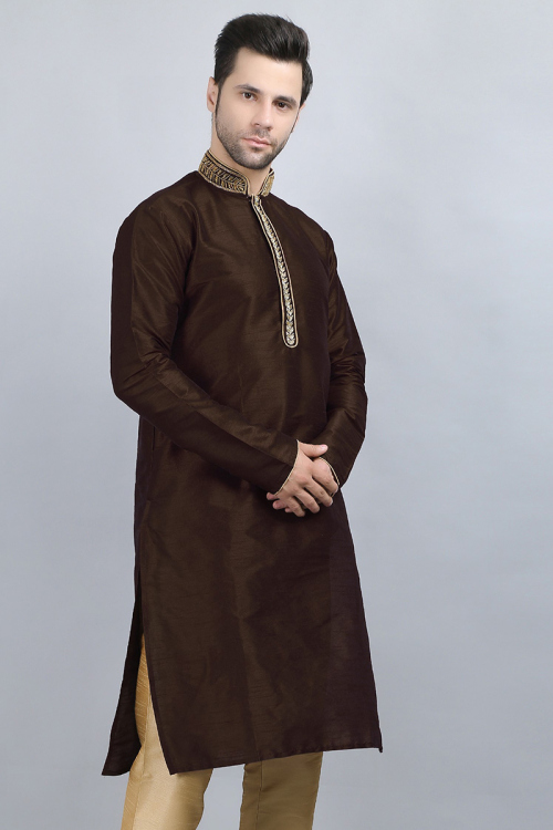 Dark Brown Dupion Silk Patch Embroidered Men Kurta 
