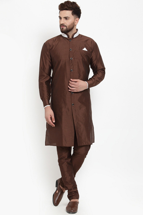 Dark Brown Dupion Silk Plain Men Kurta Pajama