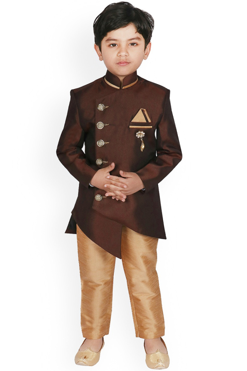 Dark Brown Dupion Silk Straight Cut Kid's Sherwani