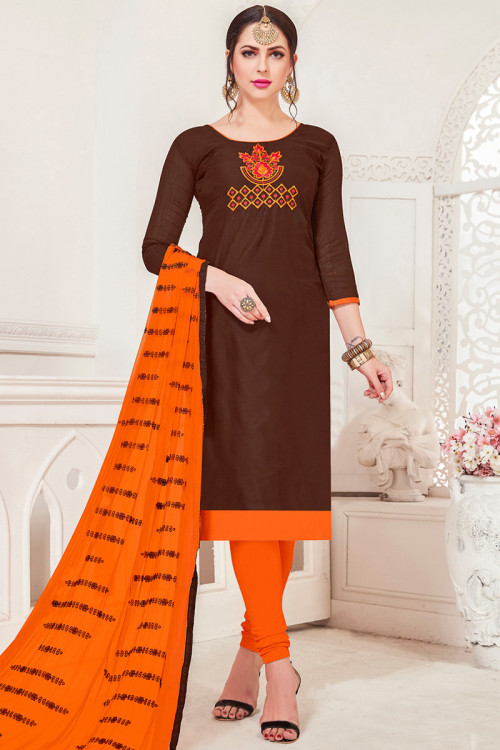 Dark Brown Embroidered Casual Wear Art Silk Churidar Suit