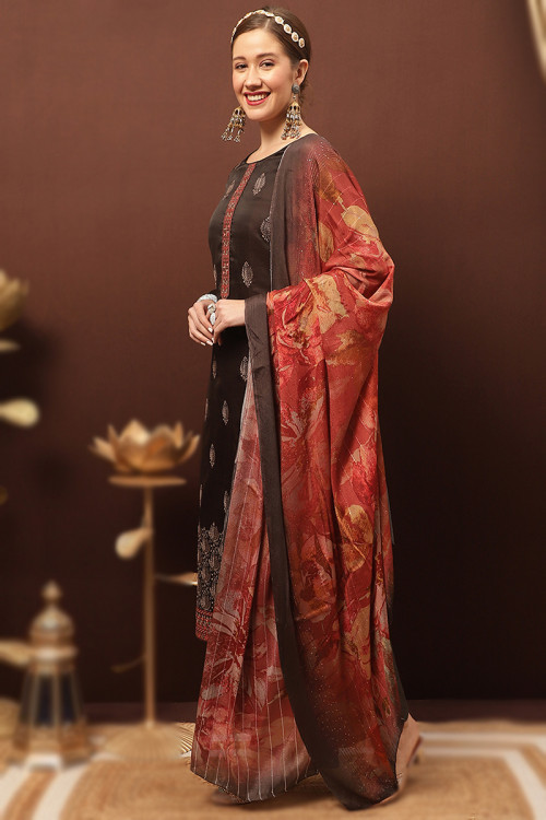 Dark Brown Embroidered Cotton Rayon Casual Wear Palazzo Suit 