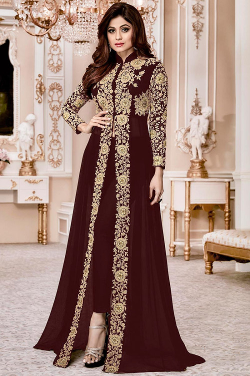 Dark Brown Georgette Anarkali Suit for Eid With Zari Work