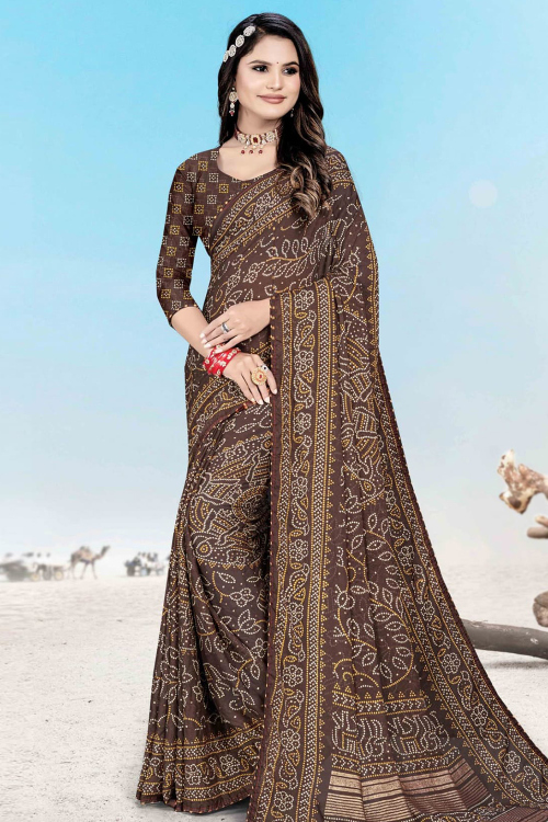 Dark Brown Georgette Bandhej Printed Saree For Casual Wear
