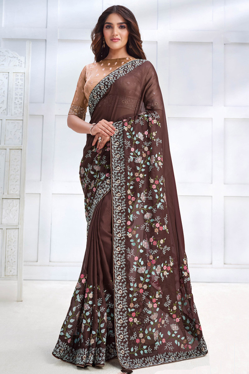 Dark Brown Georgette Embroidered Light Weight Saree