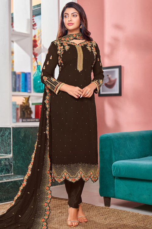 Dark Brown Georgette Embroidered Trouser Suit