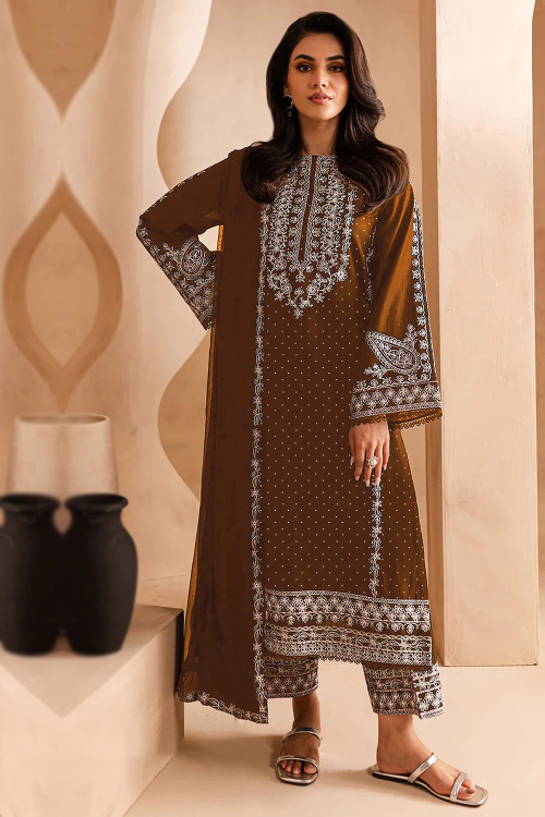 Dark Brown Georgette Straight Pant Suit with Zari Work for Diwali