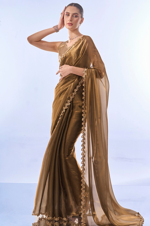Dark Brown Organza Lace Embroidered Light Weight Saree