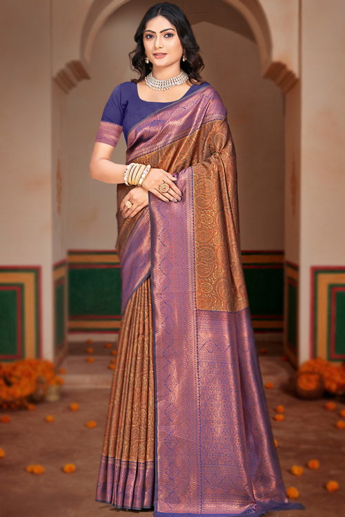 Dark Brown Paisley Print Silk Broad Border Saree For Sangeet