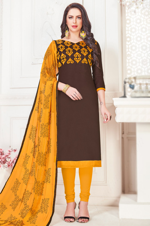 Dark Brown Poly Cotton Resham Thread Embroidered Churidar Suit