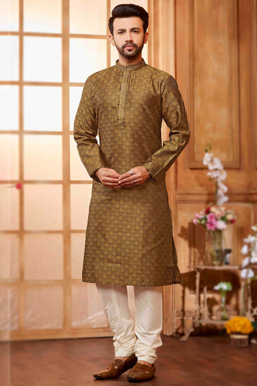Dark Brown Printed Silk Straight Cut Men's Kurta With Churidar 