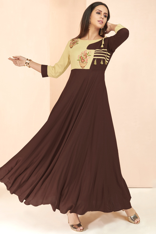 Rayon Dark Brown Thread Embroidered Party Wear Kurti