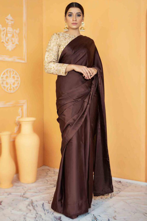Dark Brown Satin Plain Saree With Embroidered Blouse