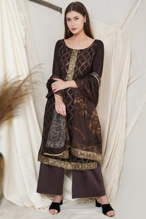 Dark Brown Sequins Embroidered Chinnon Palazzo Suit 