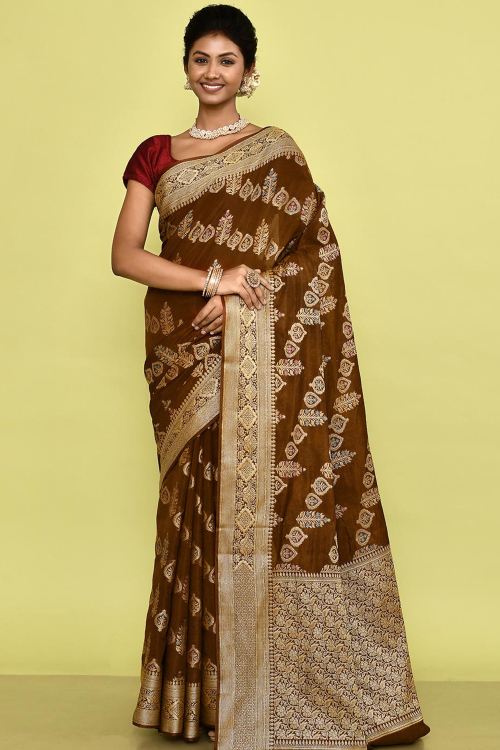 Dark Brown Silk Blend Saree With Weaved Work For Festival
