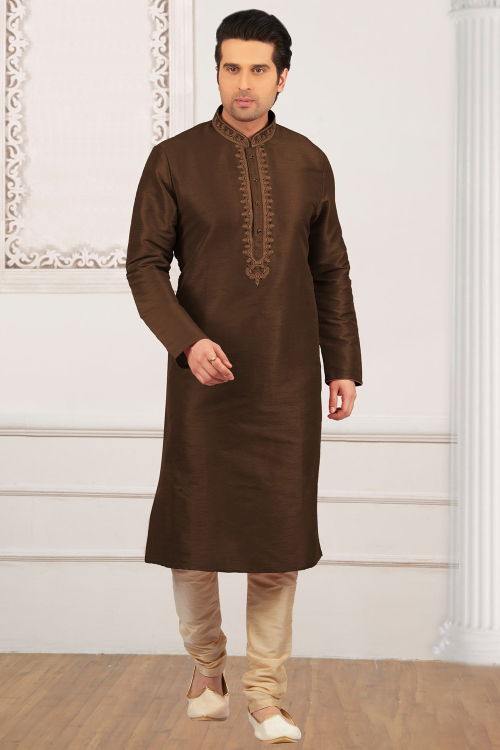 Dark Brown Silk Kurta Pajama with Thread Work for Diwali 
