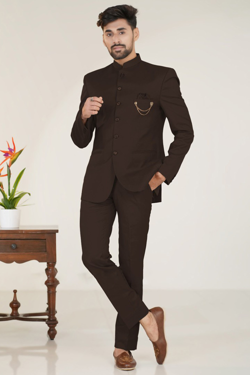 Dark Brown Silk Plain Jodhpuri Style Men's Coat Pant
