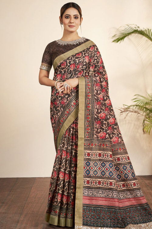Dark Brown Silk Printed Bhagalpuri Saree
