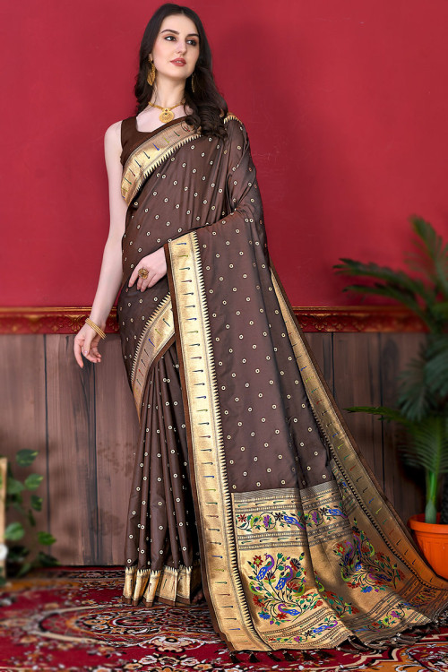 Dark Brown Traditional Wedding Wear Saree in Silk