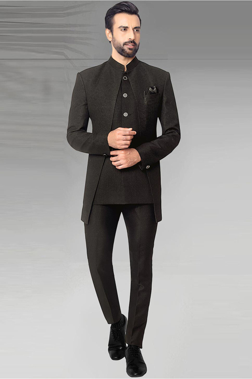 Dark Brown Terry Rayon Plain Jodhpuri Style Men's Suit