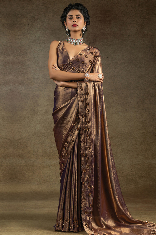 Dark Brown Tissue Silk Saree With Sequins Work For Party