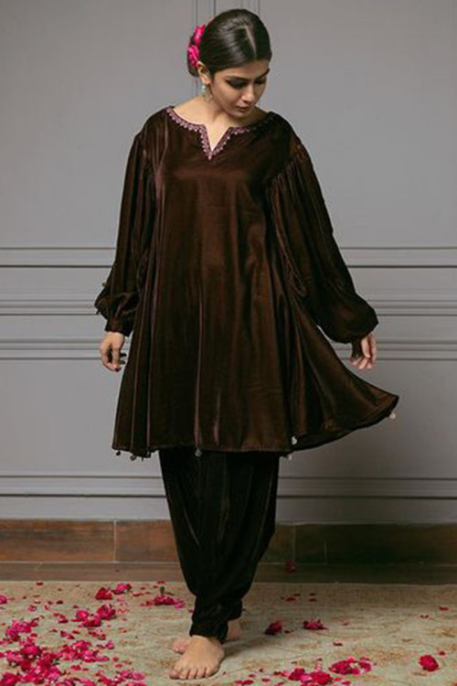 Dark Brown Velvet A Line Patiala Suit