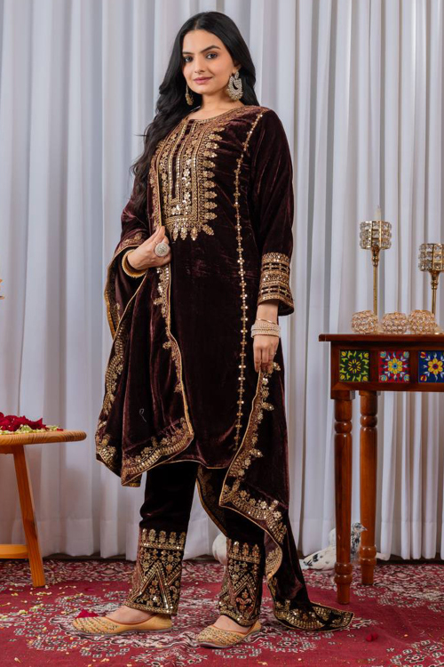 Dark Brown Velvet Embroidered Straight Cut Suit 
