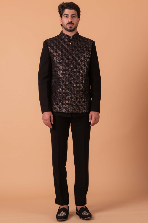 Dark Brown Viscose Embroidered Jodhpuri Style Men's Coat Pant
