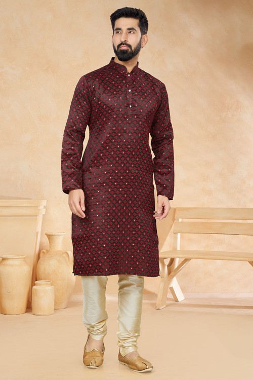 Buy Brown Engagement Jacquard Kurta Pajama Online for Men in USA