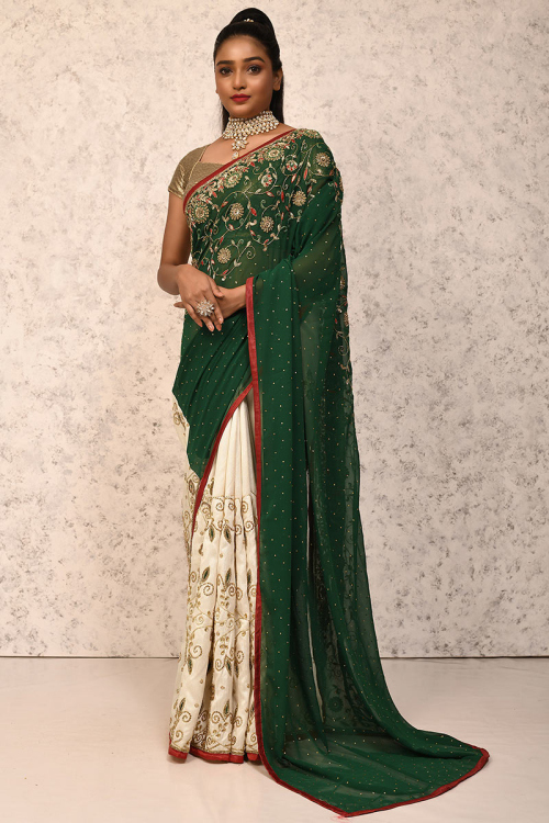 Dark Green And Off White Georgette Embroidered Saree