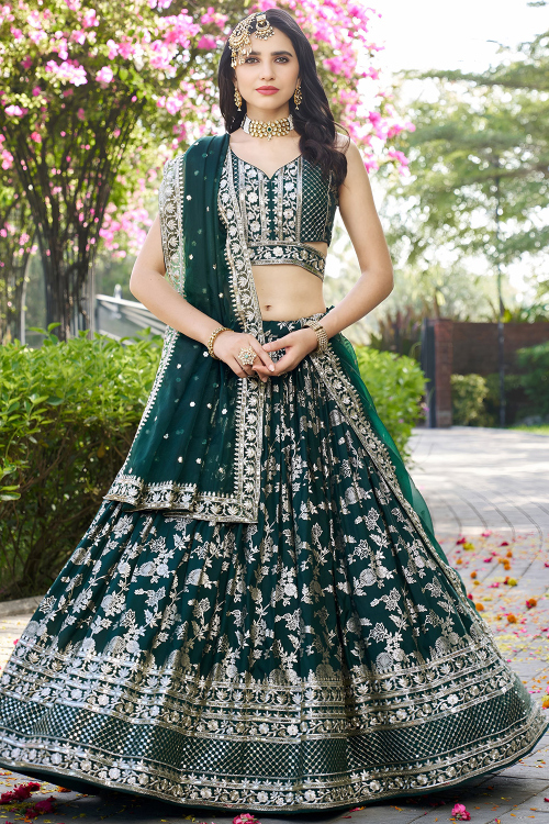 Dark Green Art Silk A Line Lehenga With Woven Zari Work