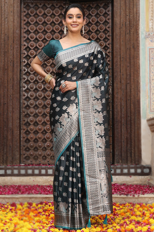 Dark Green Art Silk Broad Border Saree With Weaved Work