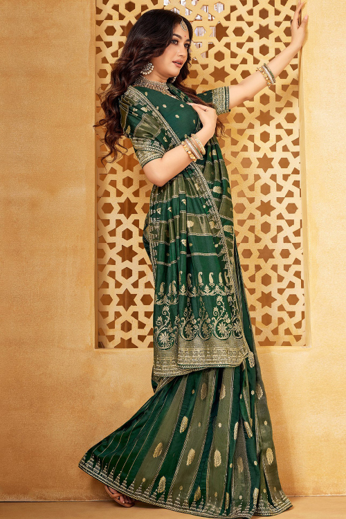 Dark Green Art Silk Broad Border Saree With Woven Zari Work