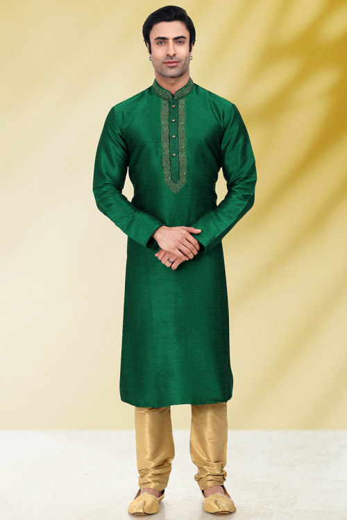 Dark Green Art Silk Embroidered Men Kurta Pajama