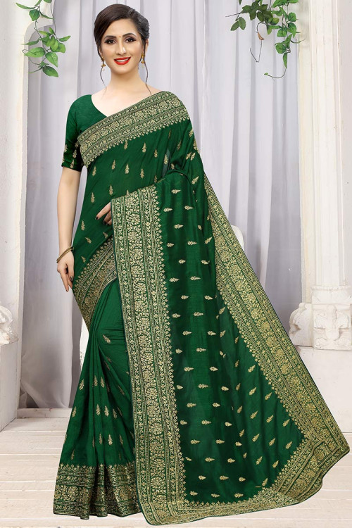 Dark Green Art Silk Saree With Raw Silk Blouse