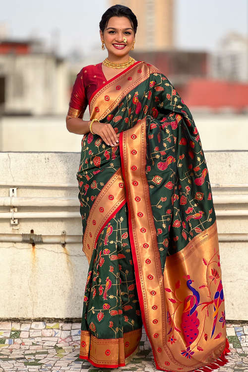 Dark Green Art Silk Saree With Weaved Work For Mehndi