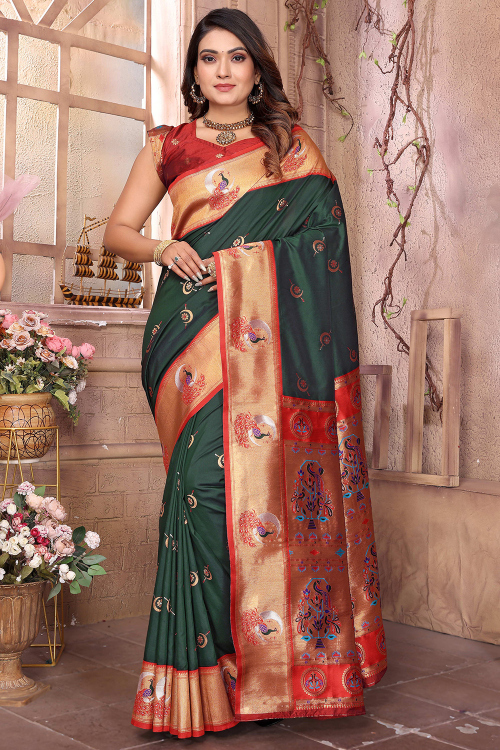 Dark Green Art Silk Weaved Paithani Saree