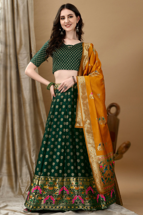 Dark Green Art Silk Woven Zari Panelled Style Lehenga