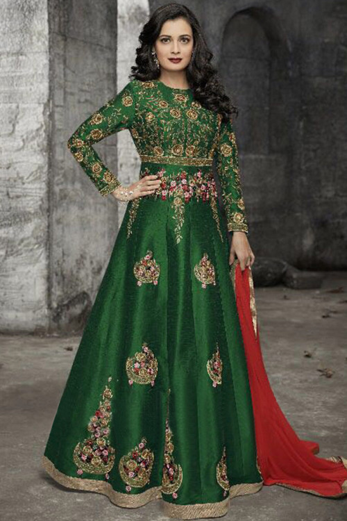 Dark Green Banglori Silk Anarkali Suit With Zari Work