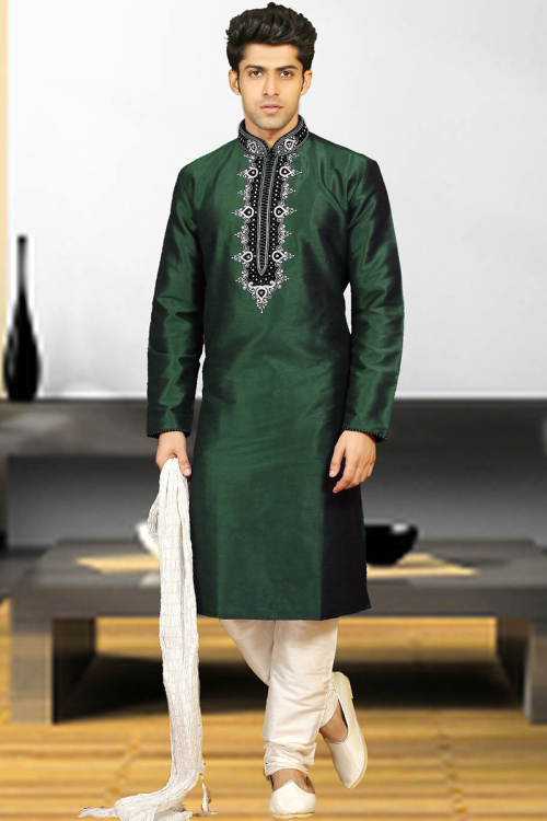 Dark Green Banglori Silk Kurta Pajama With Zari Work