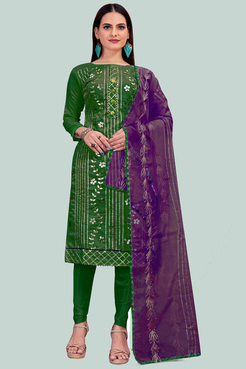 Dark Green Chanderi Silk Embroidered Churidar Suit