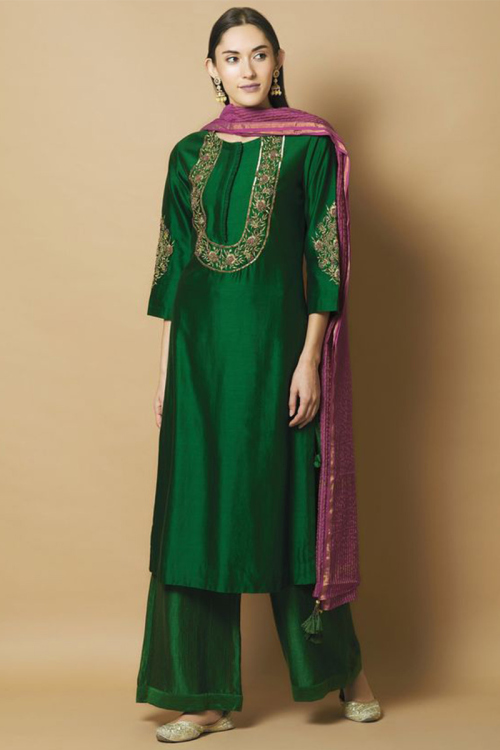 Dark Green Chanderi Silk Embroidered Pakistani Trouser Salwar Kameez