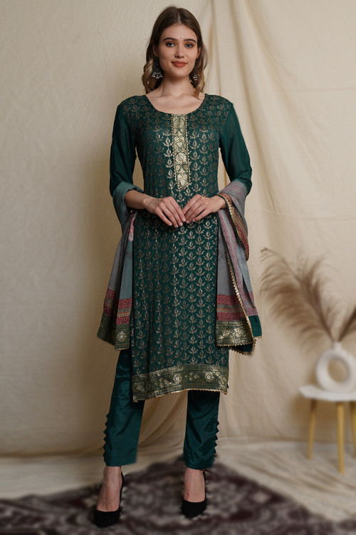 Dark Green Chiffon Sequins Embroidered Trouser Suit 