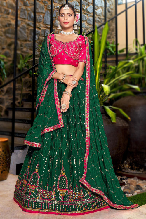 Dark Green Chinnon Embroidered Crushed Lehenga 