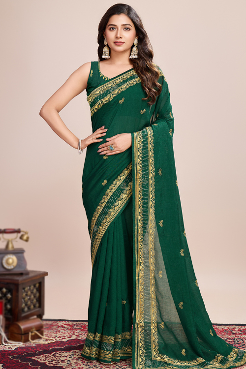 Dark Green Chinnon Embroidered Light Weight Saree 