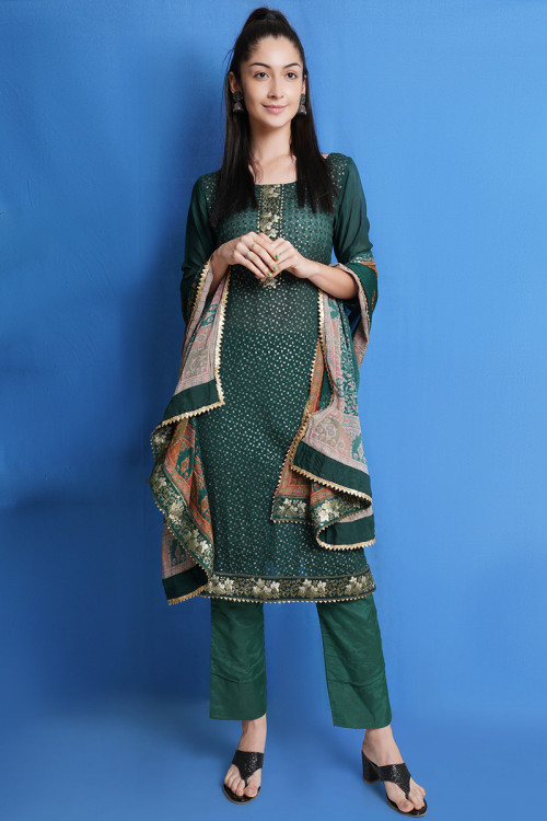Dark Green Chinnon Embroidered Straight Cut Trouser Suit 