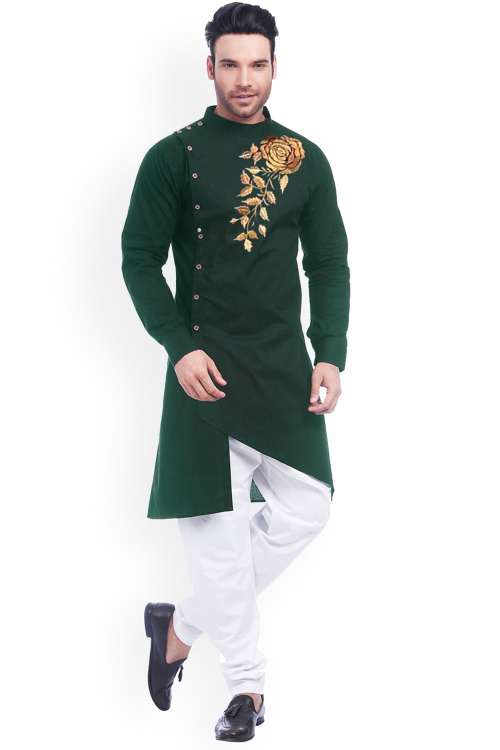 Dark Green Cotton Embroidered Angrakha Style Cut Men's Kurta With Churidar 
