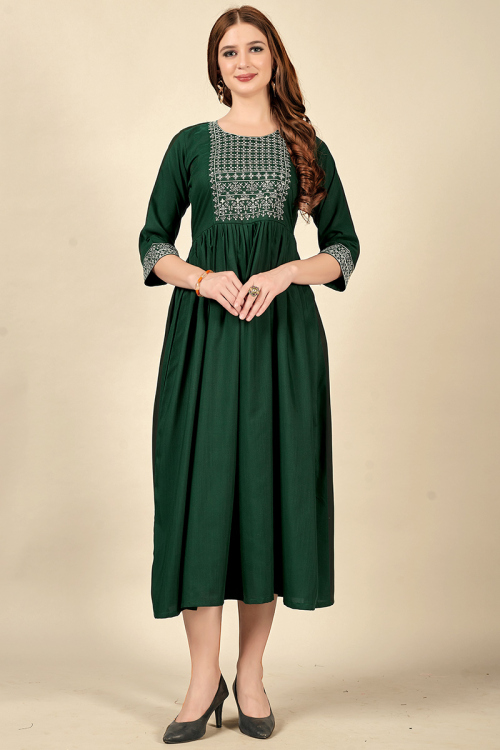 Dark Green Cotton Rayon Embroidered Kurti
