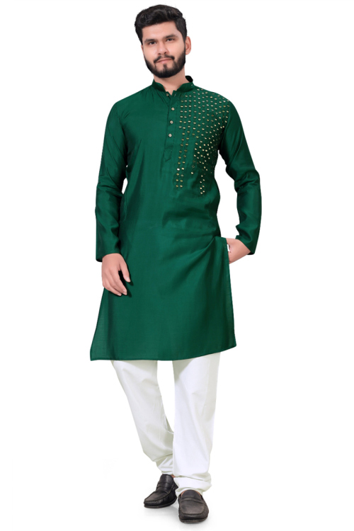 Dark Green Cotton Silk Embroidered Straight Cut Men's Kurta Pajama