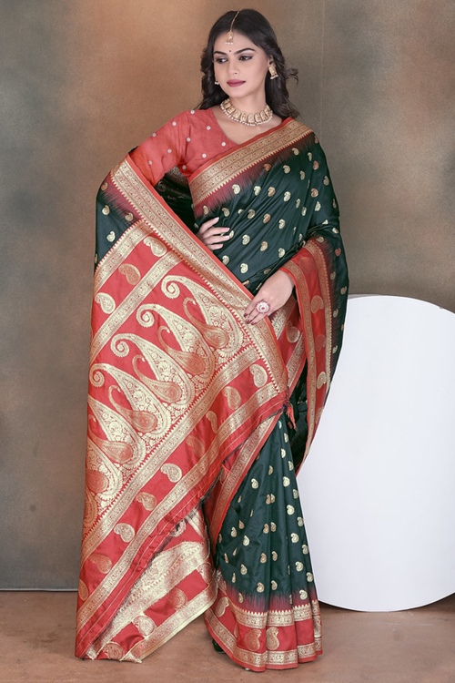Dark Green Cotton Silk Weaved Broad Border Saree 
