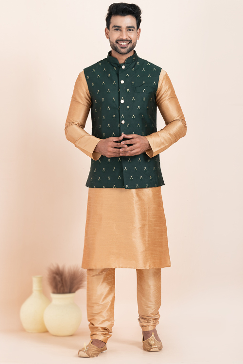 Dark Green Cotton Silk Weaved Waistcoat For Men 